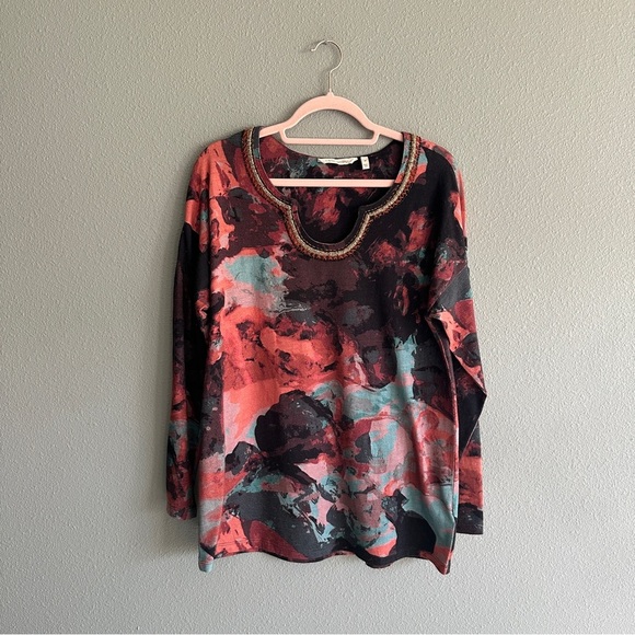 Soft Surroundings Abstract Print Beaded Long Sleeve Top Medium - Picture 1 of 10